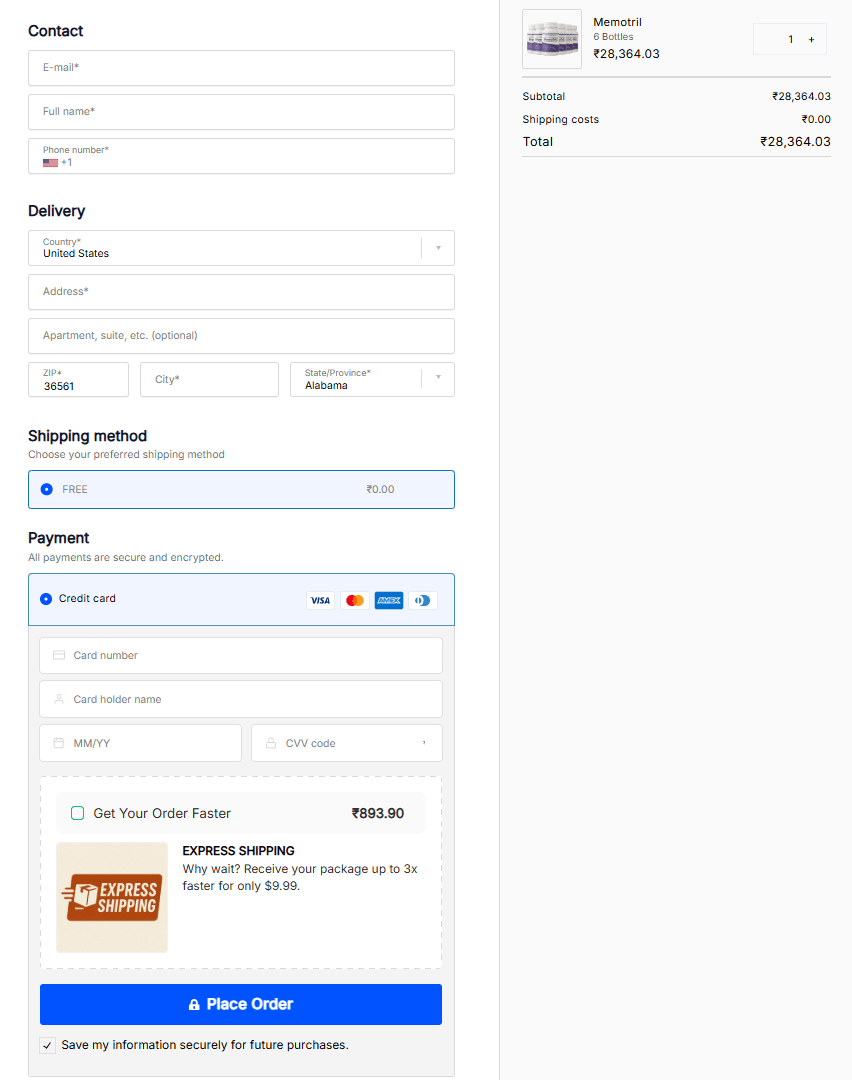 MemoTril secure checkout page